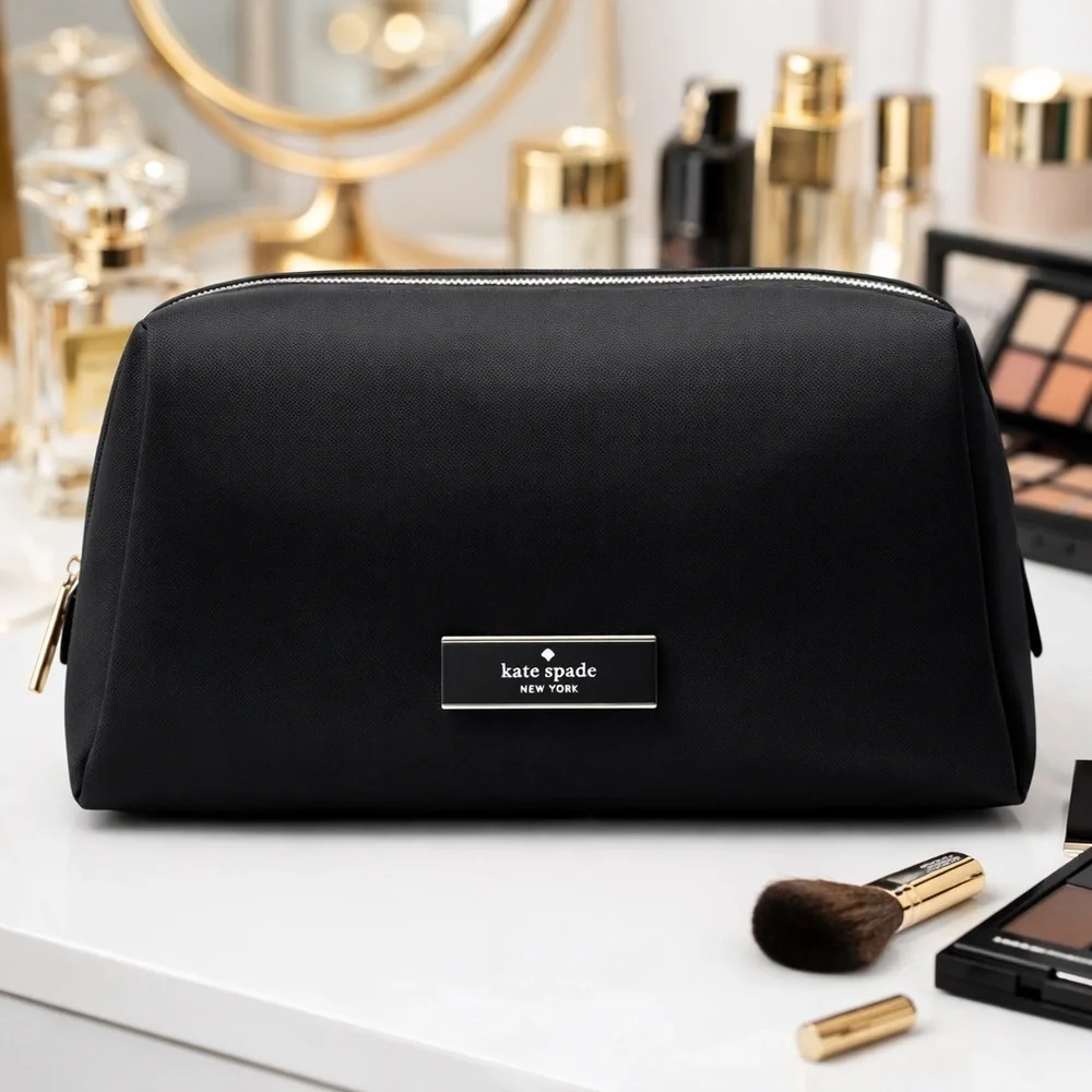Kate Spade Black Nylon Cosmetic Bag Travel Makeup Pouch Organizer Designer Style